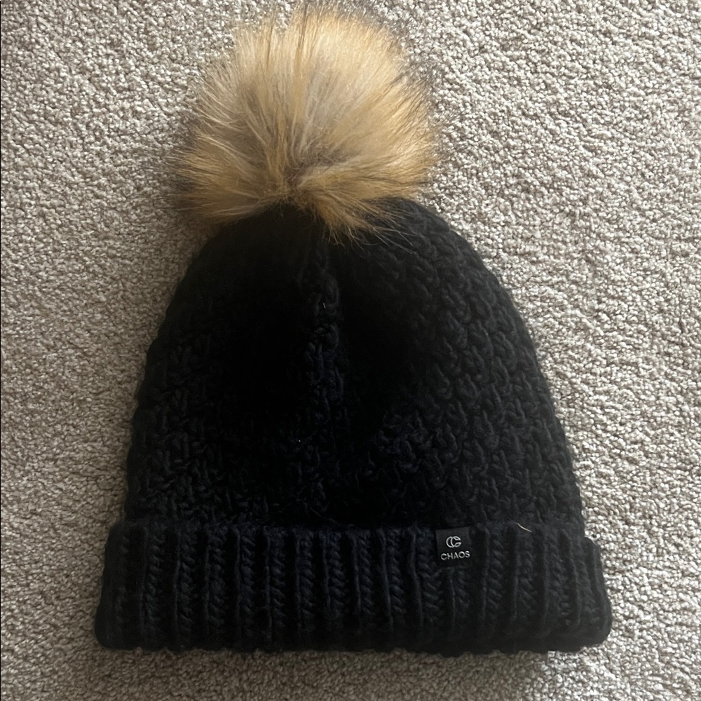 Chaos Women's Black Knit Hat with Tan Pom-Pom